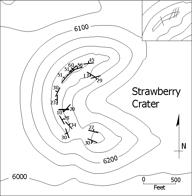 Diagram showing bedding orientations in the rim of Strawberry Crater